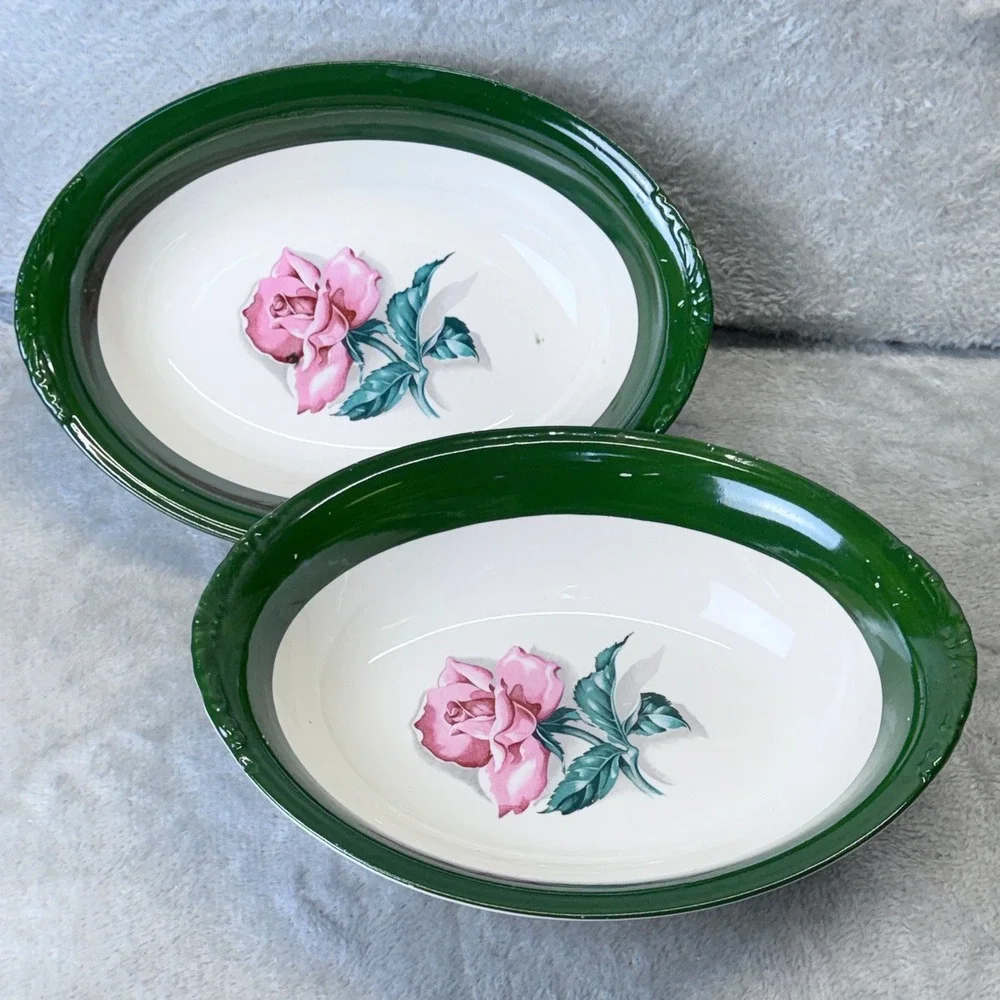 Vintage Nautilus Rose Oval Bowls Grannycore Set of‎ 2 Green Rim Floral Made USA